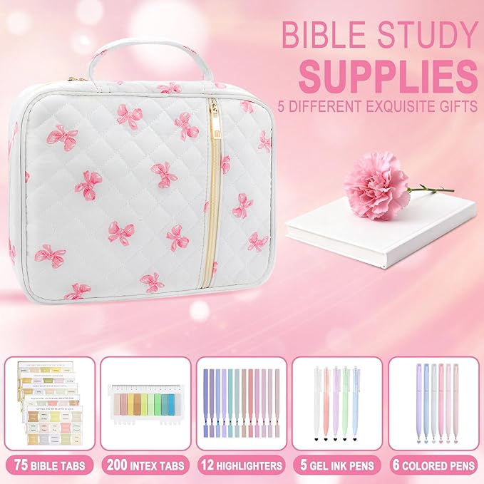 Bible Cover Case Study Supplies for Women Gifts Large Bible Cover with Highlighters Pens Tabs Cute Quilted Carrying Case Journal Kit Accessories Christian Gifts Sticky Notes C