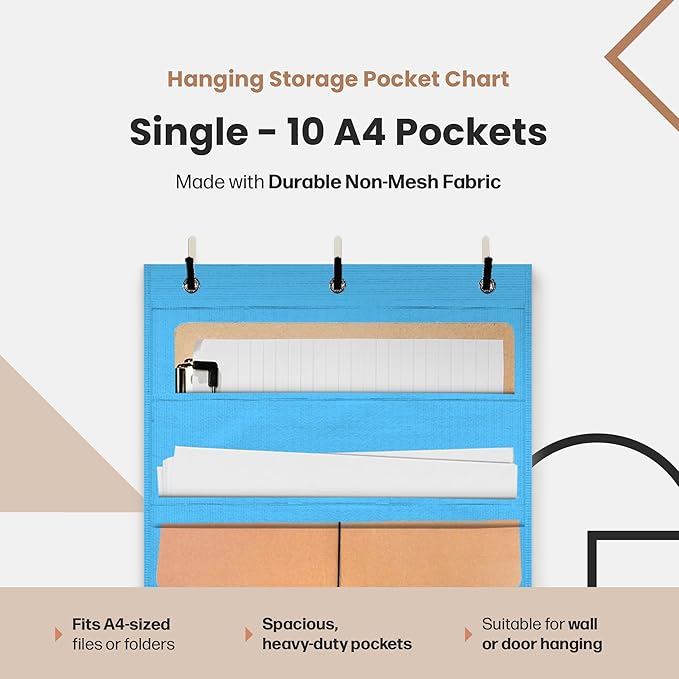 Hippo Creation Storage Pocket Chart for Classroom, 10 Pocket Storage Organizer with 3 Over-Door Hangers, Hanging Wall Organizer for File Folders, School Mailbox, Home Office Papers - Clear Blue