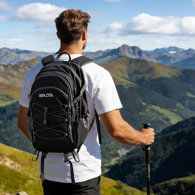 RealCool 20L Lightweight Hiking Backpack, Waterproof Daypack for Camping | 210D tear-resistant nylon, breathable shoulder and back panel, Multi-Compartment,hydration system,reflective strip,bungee net