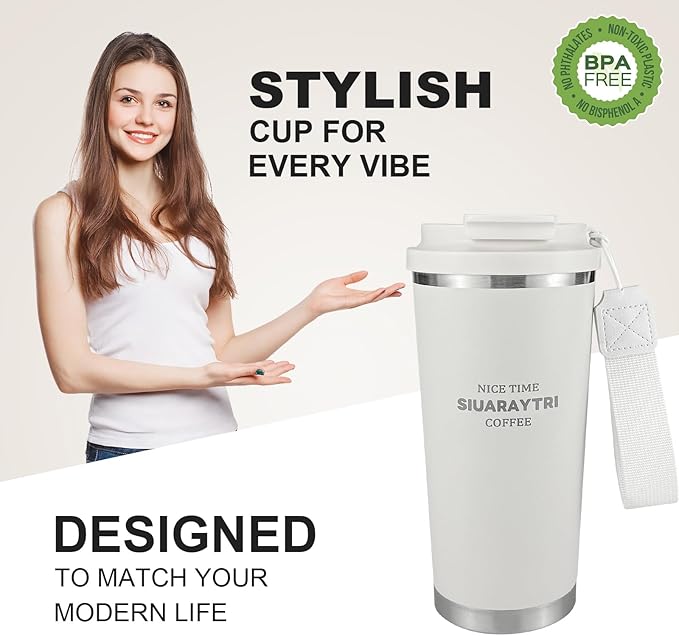 20oz Tumbler Stainless Steel Vacuum Insulated Coffee Travel Mug Reusable Iced Coffee Cup Hot Coffee Travel Mug with lid and straw Cupholder Friendly Leak-Proof BPA Free (White)