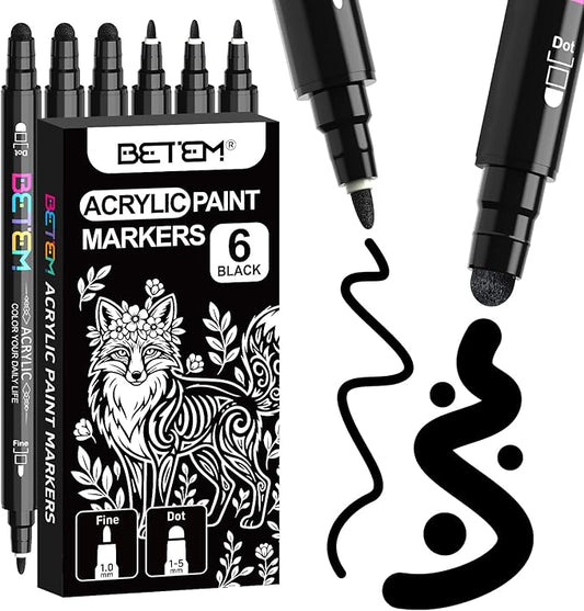 Betem 6 Black Dual Tip Acrylic Paint Markers, Fabric Decorating Kits Premium Water-Based Acrylic Paint Pens Art Supplies for Fabric, Rock, Wood, Glass, Canvas, Ceramic, Teacher Appreciation Gift