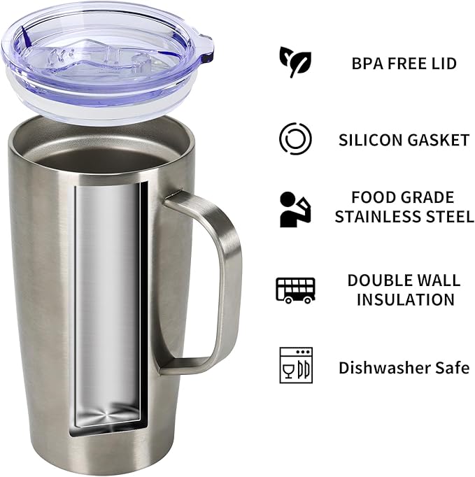 MEBRUDY 19oz Insulated Coffee Mug with Lid, Leak Proof Double Wall Vacuum Travel Coffee Mug with Handle, Silver