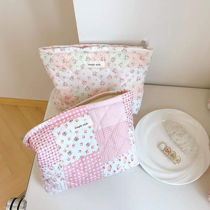 Sminra Floral Makeup Bag Large Cotton Quilted Cosmetic Makeup Bag Organizer, Cottagecore Aesthetic Portable Pouch Purse Toiletry Bag for Women Girls Travel accessories