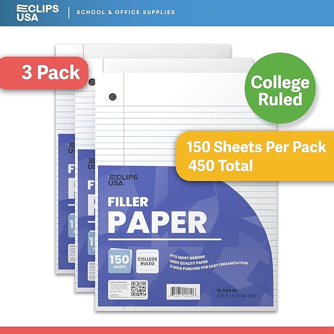 Loose Leaf Paper College Ruled Notebook Paper College Ruled Lined Writing Filler Paper 10.5” x 8” 450 Sheets 150 Sheets Per Pack 60 gsm (3 Pack)