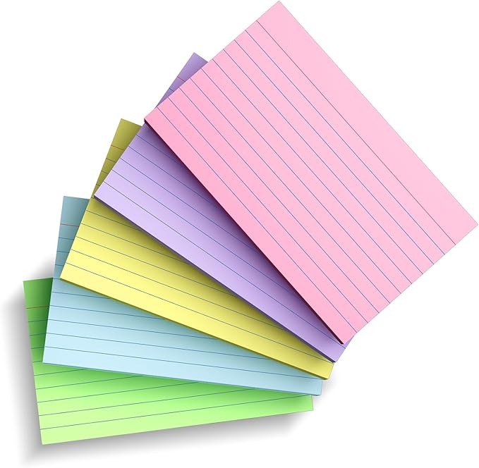 250 Count Index Cards 3x5 Inch 180gsm Heavy Weight Colored Flash Card (50 Sheets Each), Note Taking for Students, Teachers, Professionals, Study Note Cards for Office Home School
