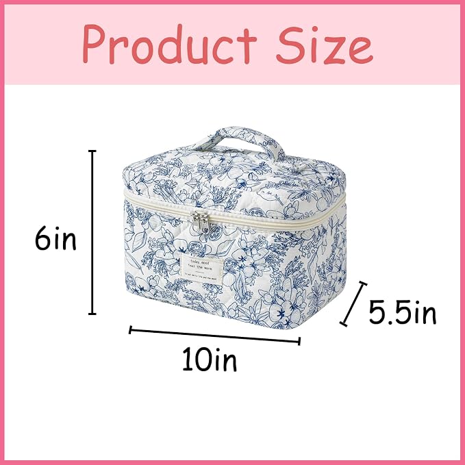 uekeboag Large Travel Quilted Makeup Bag for Women | Soft Floral Cotton Cosmetic Bag, Foldable Coquette Aesthetic Toiletry Organizer
