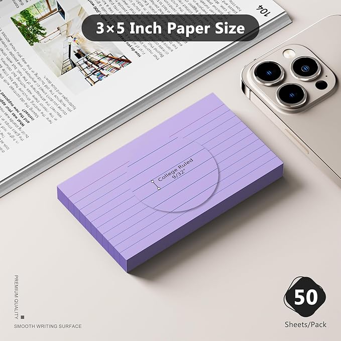 250 Count Index Cards 3 x 5 Inch, Thick Purple Lined Note Cards Portable Ruled Flash Cards Perfect for Studying and Organizing, Note Taking Study Flashcards for Home, School and Office