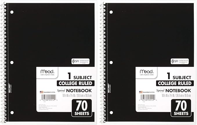 Mead Spiral Notebooks, 1 Subject, College Ruled, 70 Sheets, Assorted Colors, Color Selected For You May Vary, 1 Count (05512) (Pack of 2)