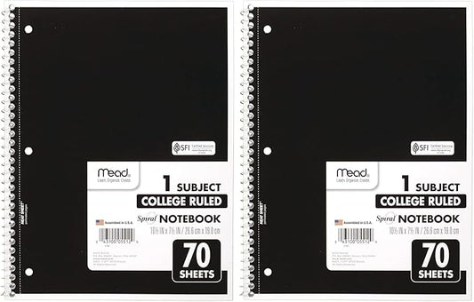 Mead Spiral Notebooks, 1 Subject, College Ruled, 70 Sheets, Assorted Colors, Color Selected For You May Vary, 1 Count (05512) (Pack of 2)