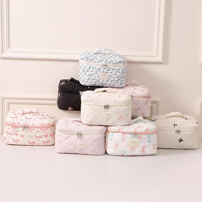 uekeboag Large Travel Quilted Makeup Bag for Women | Soft Floral Cotton Cosmetic Bag, Foldable Coquette Aesthetic Toiletry Organizer