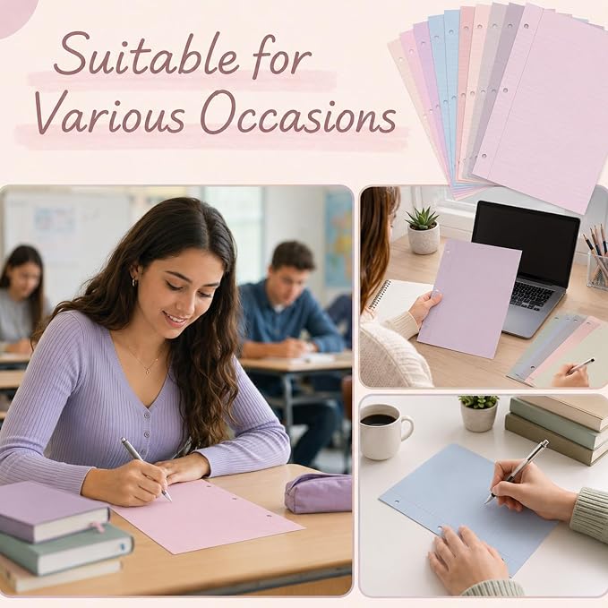 gisgfim 100 Sheets 3 Hole Punched Lined Refill Paper 8 x 10.5 Inch Loose Leaf Paper 3-Ring Binders College Ruled Notebooks Planner Inserts Thicken for Writing School Office Home Supplies(Dreamy)
