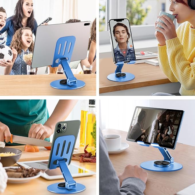 Universal Metal Cell Phone Stand, Multi-Angel Adjustable 360° Rotation Non-Slip Metal Phone Stand Compatible with iPhone 17 16 Pro Max and All Smartphones (Blue)