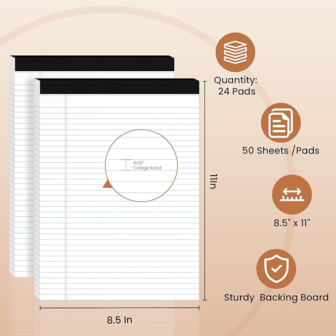 24Packs Legal Pads 8.5 x 11 Inch, 50Sheets/Pack, College Ruled & Perforated White Writing Pads, Pads of Paper 8.5 x 11, Lined Note Pads with Sturdy Backing for Office, Business & School Supplies