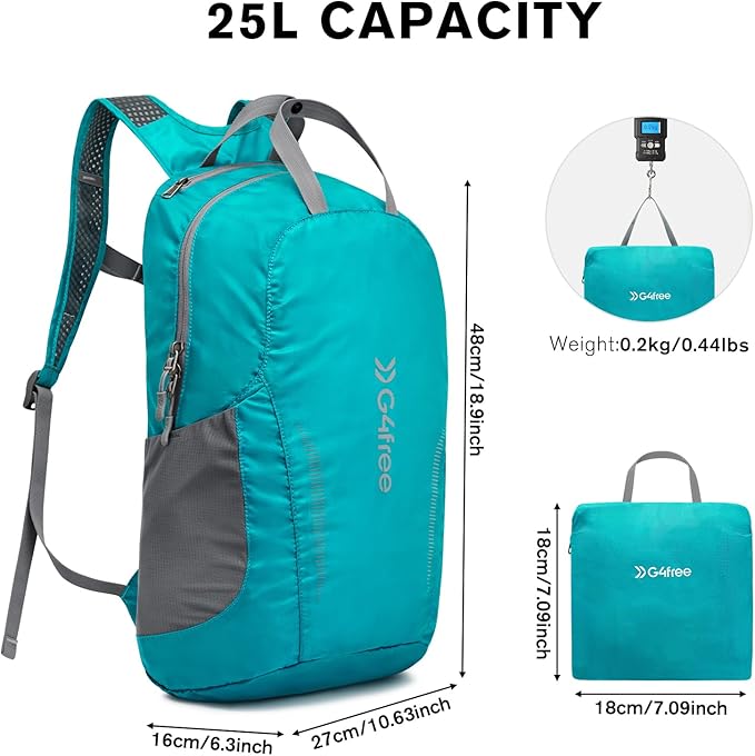 G4Free 25L Lightweight Hiking Backpack Packable Foldable Sport Travel Daypack Water Resistant for Women Men（Peacock Blue）