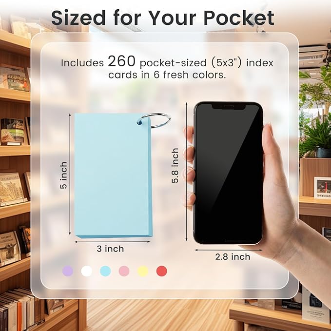 BOOKNOW Index Cards 3x5, Flash Cards with Ring, 260PCS Colored Notecards for Studying, Portable Notecards Note Taking for Students, Teachers, Office Home School, 6 Colors