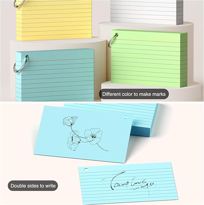 Colored Index Cards 4 x 6 Inch, 160 Count Lined Flash Cards with Ring for Back to School, Ruled and Blank Note Cards for Office Supply, Portable Colorful Study Flashcards for Home and School
