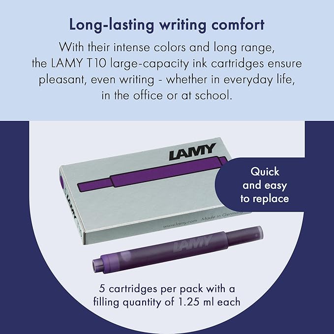 LAMY T10 Ink cartridges with Large Ink Capacity - Suitable for All Lamy Fountain Pen Models - Contents 1.25 ml per Cartridge - 5 Pieces per Pack - Ink Color Violet
