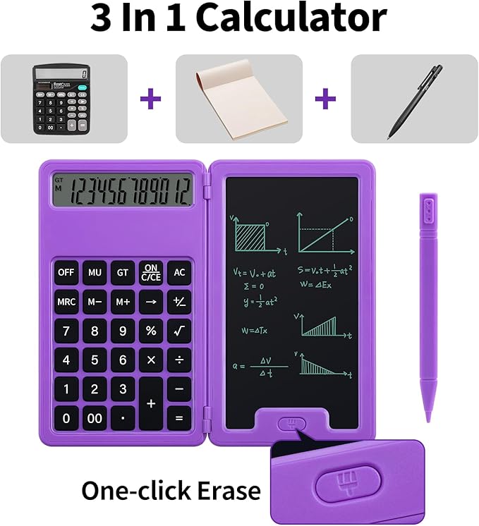 Desk Portable Basic Calculator, Small Mini Calculators with Writing Notepad and Stylus, More Lightweight and Portable, 12Digit Large Display Multi-Function for Office, Home & Financial (Purple)