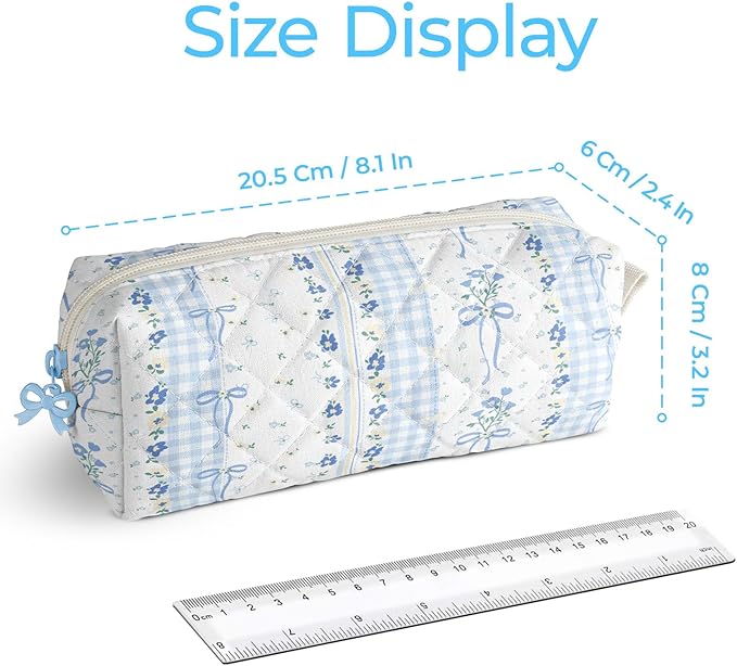 Cute Quilted Pencil Case for Girls Women, Aesthetic Small Floral Pencil Pouch,Slim Soft Pencil Bag for School Supplies Makeup Pouch for School & Daily Use (Blue Bow Floral)