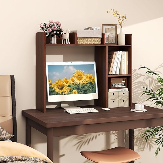 Giantex Desktop Bookshelf, Wood Desk Hutch Organizer for 27 Inch Computer Monitor, Countertop Storage Display Rack with 5 Shelves, Multipurpose Desktop Shelf Bookcase for Dorm Office Home, Walnut