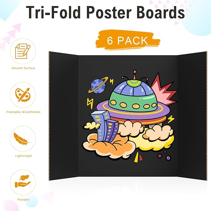 HAUTOCO 6 Pack Trifold Poster Board 26'' x 15.74'' Medium Tri Fold Project Boards Black Corrugated Presentation Cardboard for Science Fairs, School Projects, Event Displays, Business