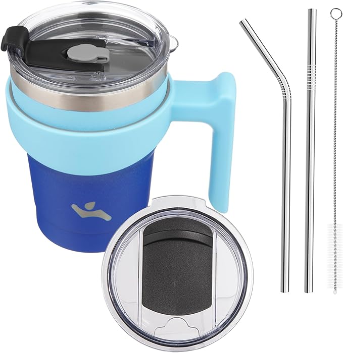 Konokyo 10 oz Tumbler with Handle and 2 Straw 2 Lid, Insulated Water Bottle Stainless Steel Vacuum Cup Reusable Travel Mug,Sky