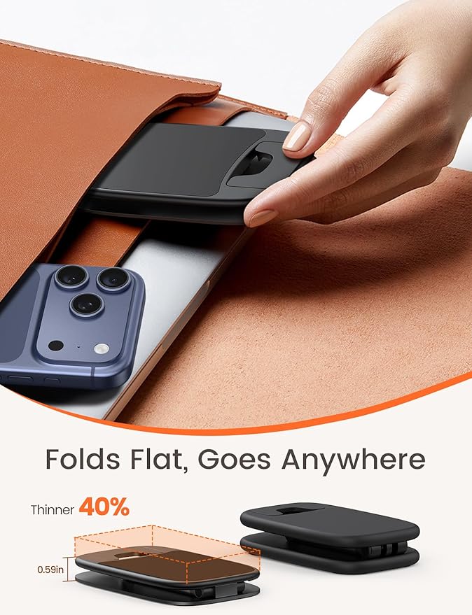 Lamicall Ultra-Thin Phone Stand for Desk, Foldable Cell Phone Holder Height Adjustable, Sturdy Weighted Base, Thick Case Friendly for Home Office Travel, Fit iPhone 17 16 15 13 Pro Max, Galaxy S26