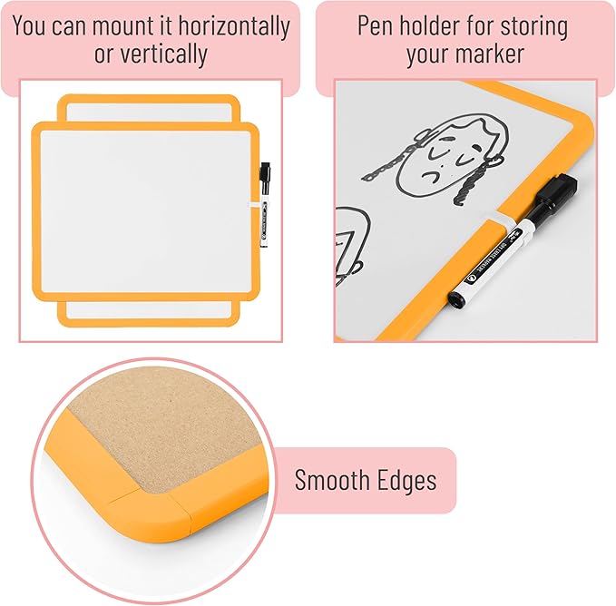 Mr. Pen- Dry Erase Board, 14” x 11” with a Black Dry Erase Marker, Orange Frame, Small Mini White Board for Students, Fridge, Wall, Locker, Includes Double Sided Tapes