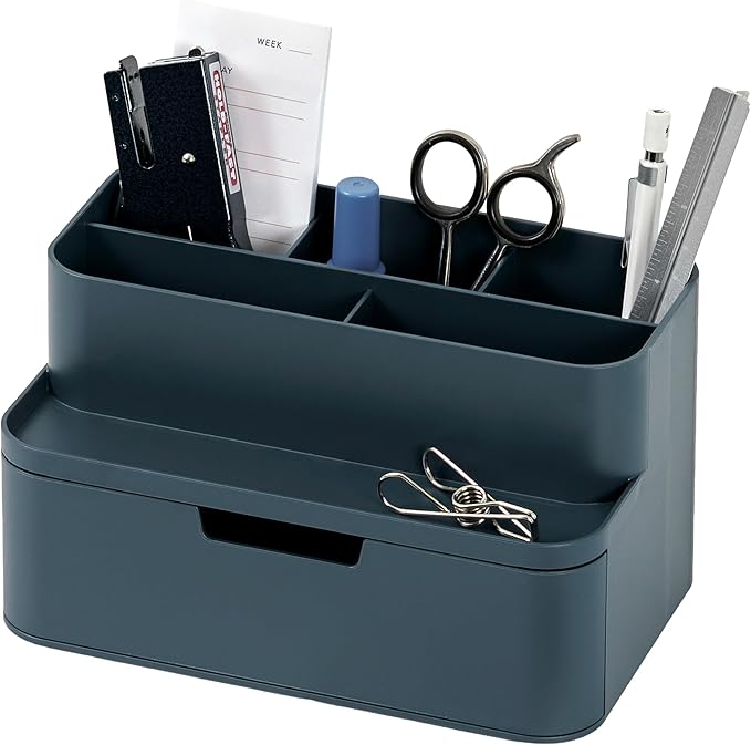 BLUE GINKGO Compact Desk Organizer – Small 5-Compartment, Half Drawer Storage – Pen Holder, Stationery Organizer for Desktop, Vanity, Shelf (Made in Korea, Blue)