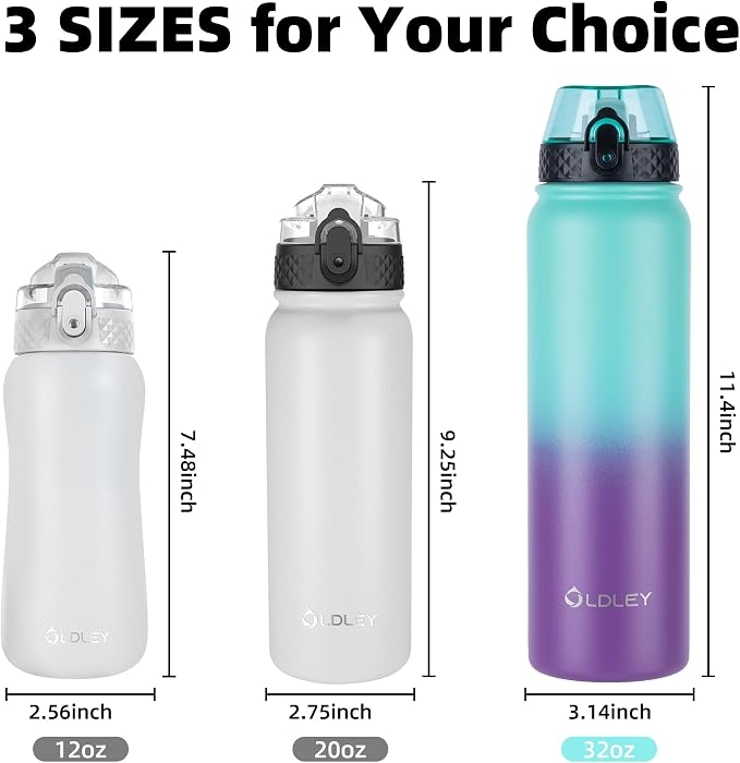 Oldley Insulated 32 oz Stainless Steel Water Bottle with Straw Lid & Chug Lid, Double Wall Vacuum Wide Mouth Sweat/Leak-Proof for Sports, Gym, Travel, Camping (Green-Purple)