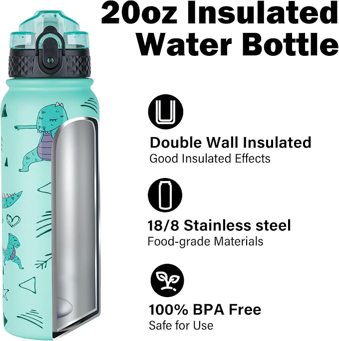 Oldley Insulated Water Bottle 20oz Water Bottles with Straw, Stainless Steel Water Bottle with 3 Lids, Double Wall Vacuum Bottles for Adult Kids, Sports Bottles for School Travel, Cute Dinosaur