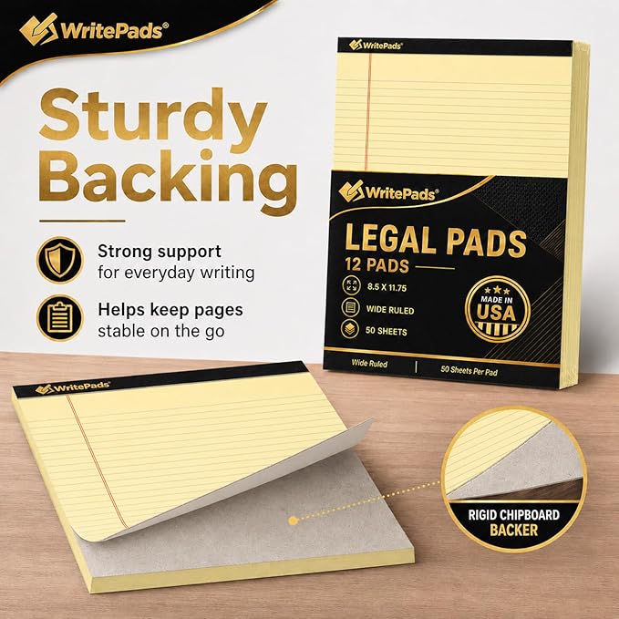 Legal Pads 8.5 x 11.75 Inch Wide Ruled Writing Pads, 12 Pack Note Pads - Yellow Perforated Paper with Hard Back, 50 Sheets Per Pad, No Bleed Notepad Paper for Office, School, Business MADE IN USA