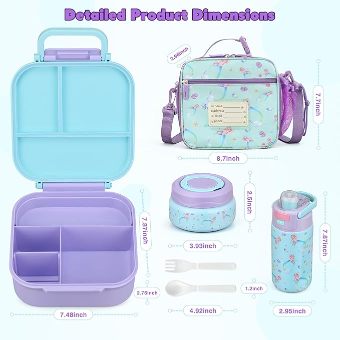 Bento Lunch Box for Kids with 7oz Soup Thermo,Insulated Stainless Steel Kids Water Bottle with Straw and Insulated Lunch Bag,Leak-Proof Lunch Food Container with Ice Pack for School (Purple-Mermaid)