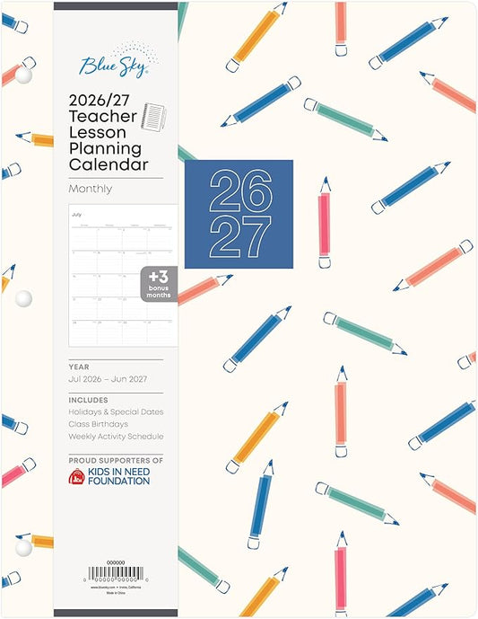 Blue Sky 2026-2027 Monthly Academic Year Teacher Planner Calendar, July 2026 - June 2027, 8.5" x 11", Coated Paper Cover, Stapled Binding, Rainbow Pencils