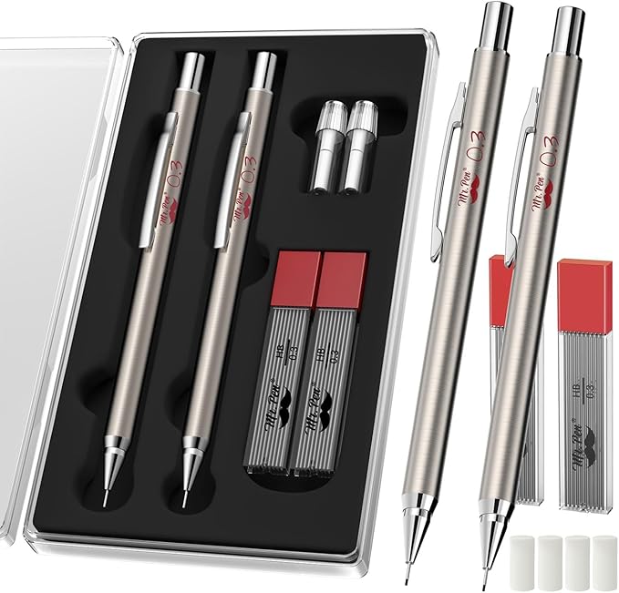 Mr. Pen- Metal Mechanical Pencil Set with Lead Refills & Erasers, 2 Pack, 0.3mm, 4x Tubes HB Lead Refill, 4x Eraser Refills for School Supplies, Note Taking, Drawing, Sketching, Office