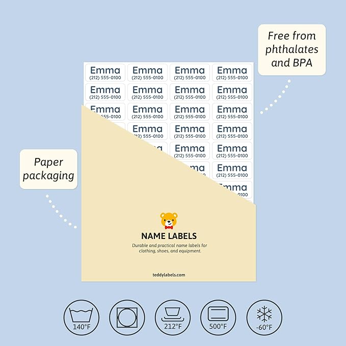 TeddyLabels - Clothing Labels for Nursing Home (180) – Self-Adhesive Name Tags for Clothes and Personal Items. Personalized Labels for Daycare, Nursing Homes, and Laundry Use - White