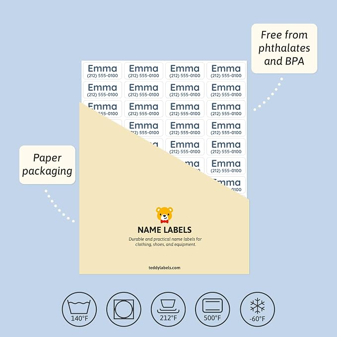 TeddyLabels - Clothing Labels for Nursing Home (60) – Self-Adhesive Name Tags for Clothes and Personal Items. Personalized Labels for Daycare, Nursing Homes, and Laundry Use - White