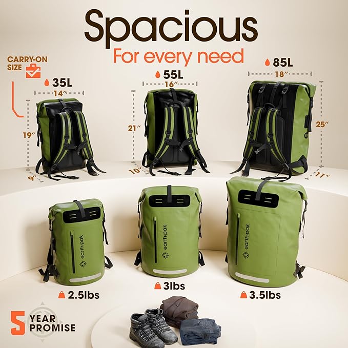 Waterproof Dry Bag Backpack 35L - Kayaking Boating Fishing Rafting Marine | Green 35L dry bag: 500D PVC, abrasion resistant build, IPX8 phone case for river and lake trips