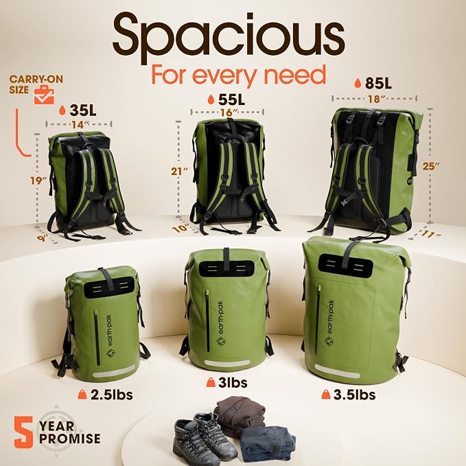 Waterproof Dry Bag Backpack 85L - Kayaking Boating Fishing Rafting Marine | Green 85L dry bag: 500D PVC, abrasion resistant build, IPX8 phone case for river and lake trips
