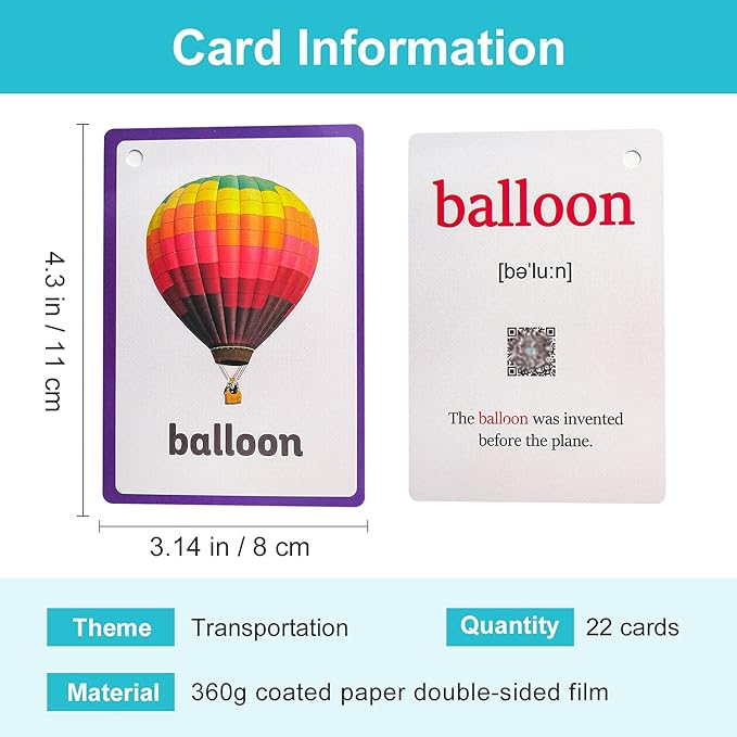 Lilias Transportation Flash Cards, Toddler Learning Toys, Preschool Learning Toys, Homeschool Supplies, Learning Supplies for Kindergarten, 4.3 X 3.14 Inch, 22 Cards in Set,WC011
