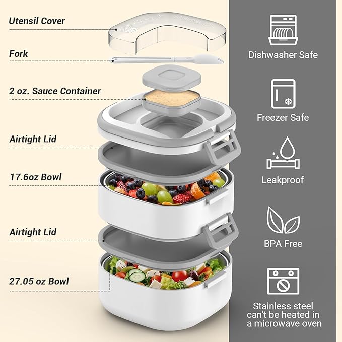 PEDECO Stackable Stainless Steel Bento Box with Insulated bag,Leak-Proof,2-Tier Bento box,Lunch Box With Portable Sauce Pod and Cutlery-for Kids/Adult,Dishwasher Safe,White