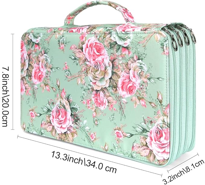 Vomgomfom 300 Slots Marker Bag, 4-Layer Zipper Portable Art Supply Organizer, PU Leather Large Capacity Marker Case Holds 100 Markers or 300 Colored Pencils with Handle (Green Rose)