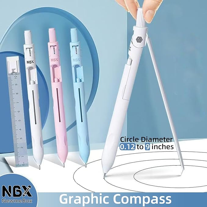 Compass for Geometry with Pencil, Includes Automatic Pencil, Compass, Ruler, Eraser 4 in 1 Set, Circle Compass Drawing Tool for Math, Drafting, Drawing, for Students, Kids, 1-Pack(Pink)