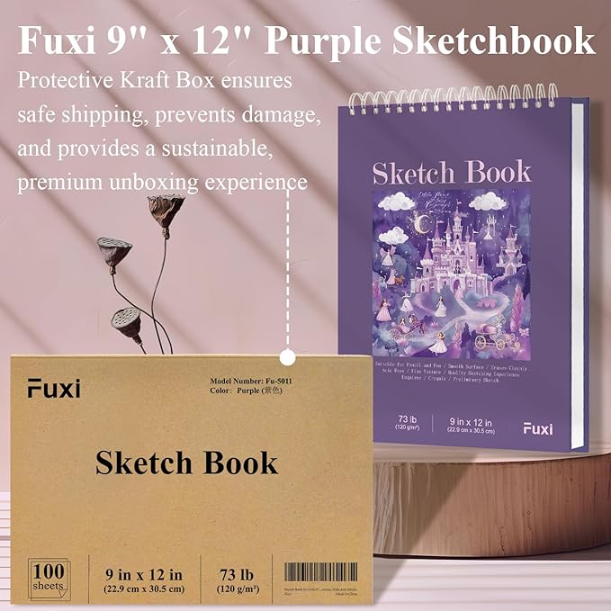 Purple Sketch Book for Women - 9"x12" Girls Sketchbook, 100 Sheets (73lb/120gsm) Drawing Paper for Kids, Art Supplies for Girls Ages 8-12, Beginners, and Adults, Mothers Day Gifts,1-Pack.
