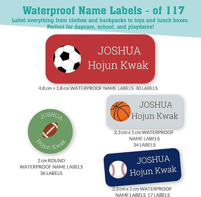 Personalized Daycare Name Labels for Kids (117 Labels) - Custom Durable Waterproof Name Stickers for Clothing Tags, Water Bottles, Lunch Boxes, and School Supplies - Dishwasher, Washer