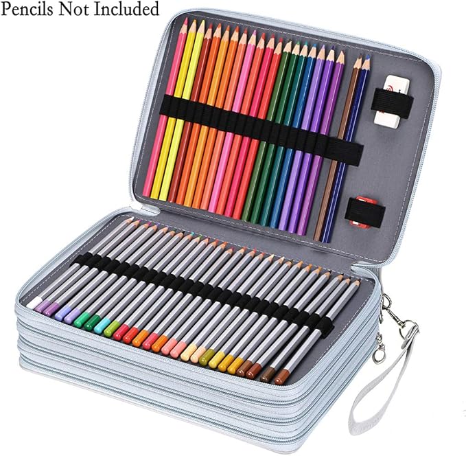 BTSKY 200 Slots Colored Pencil Organizer - Deluxe PU Leather Pencil Case Holder With Removal Handle Strap Pencil Box Large for Colored Pencils Watercolor Pencils Grey