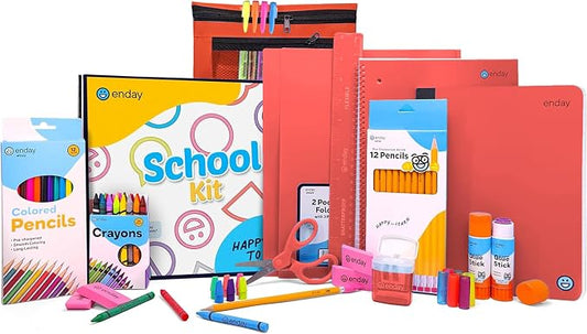 Enday Back to School Supplies for Kids, Red School Supply Box Grades K-5, Premium Quality Kids School Supplies Kit, Kindergarten Supplies for Girls and Boys, 78 Piece Set