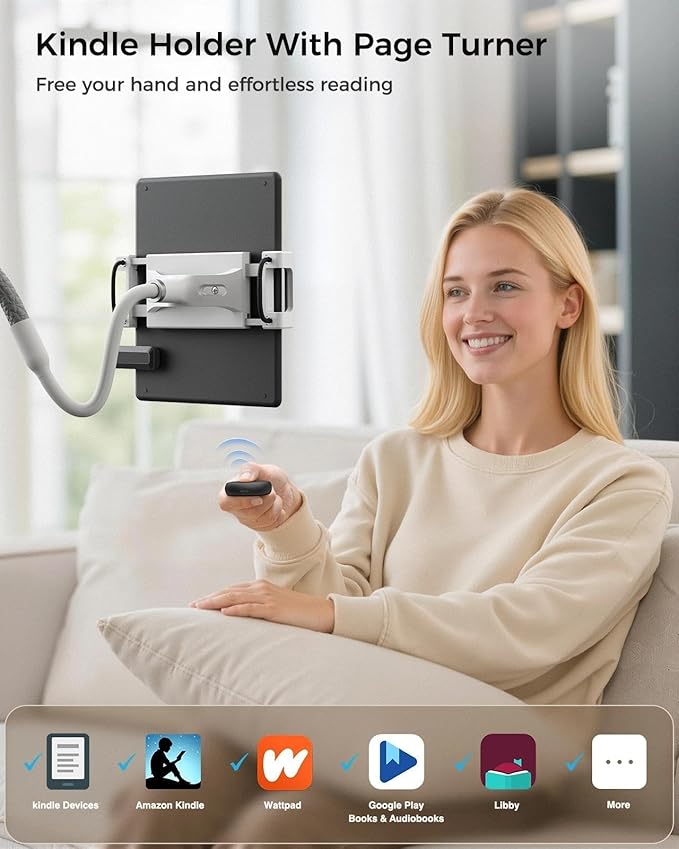 SAIJI Gooseneck Kindle Holder with Long Battery Remote Page Turner, Leather iPad Holder for Bed, 39.3 in Flexible Lazy Arm，Free Hands Kindle Accessories, Tablet Stand for Reading in Bed,Fits 4.7-11"