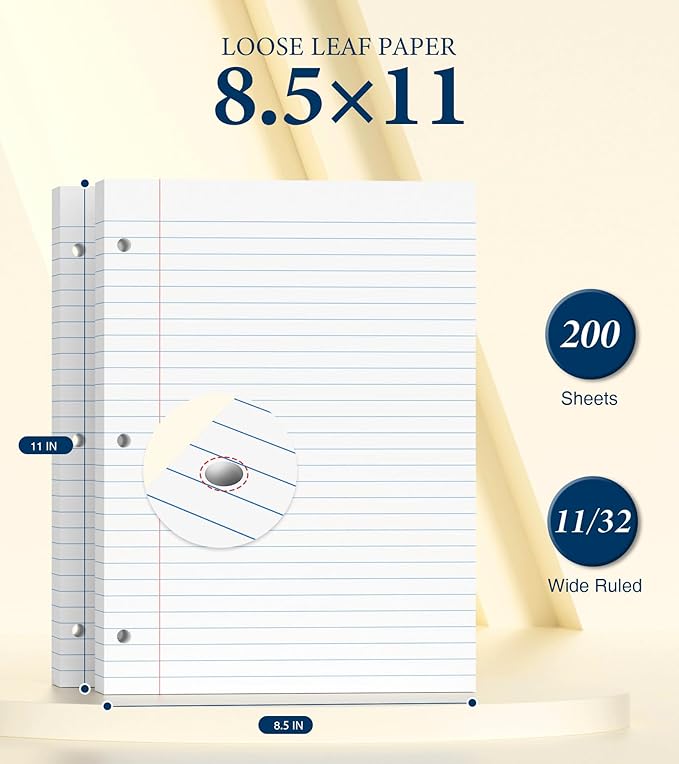 Wide Ruled Loose Leaf Paper, 200 Sheets Notebook Paper, Filler Paper 8.5 x 11 Wide Ruled Paper, 3 Hole Punch Binder Paper,Lined Paper for 3 Ring Binders, Writing Paper with Lines