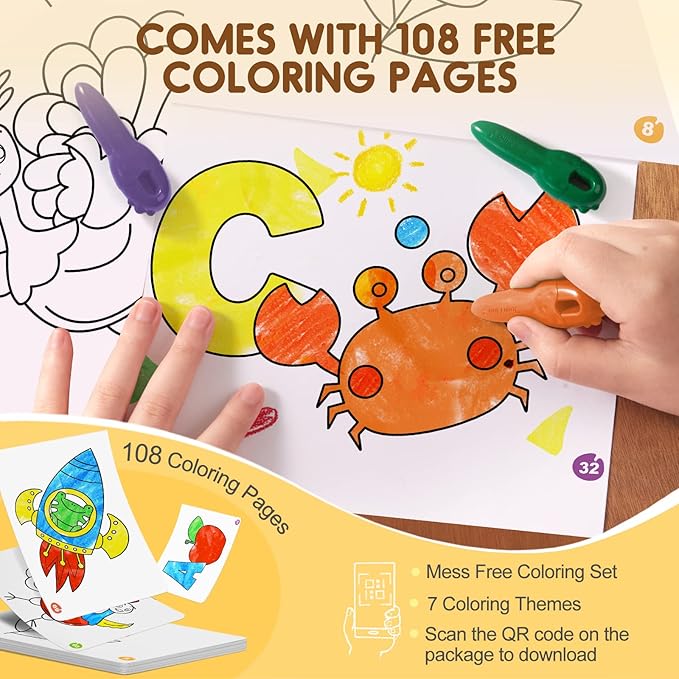 Mess Free Beeswax Crayons for Toddlers, 24 Colors Baby's First Washable Jumbo Crayon with 108 FREE Coloring Books PDF Pages, Big Large Crayons for Kids Ages1-3,2-4,4-8 Keep Kids Busy Coloring